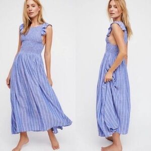 Free People EUC Chambray Butterflies Midi Dress Sz L Cottagecore Coastal Boho